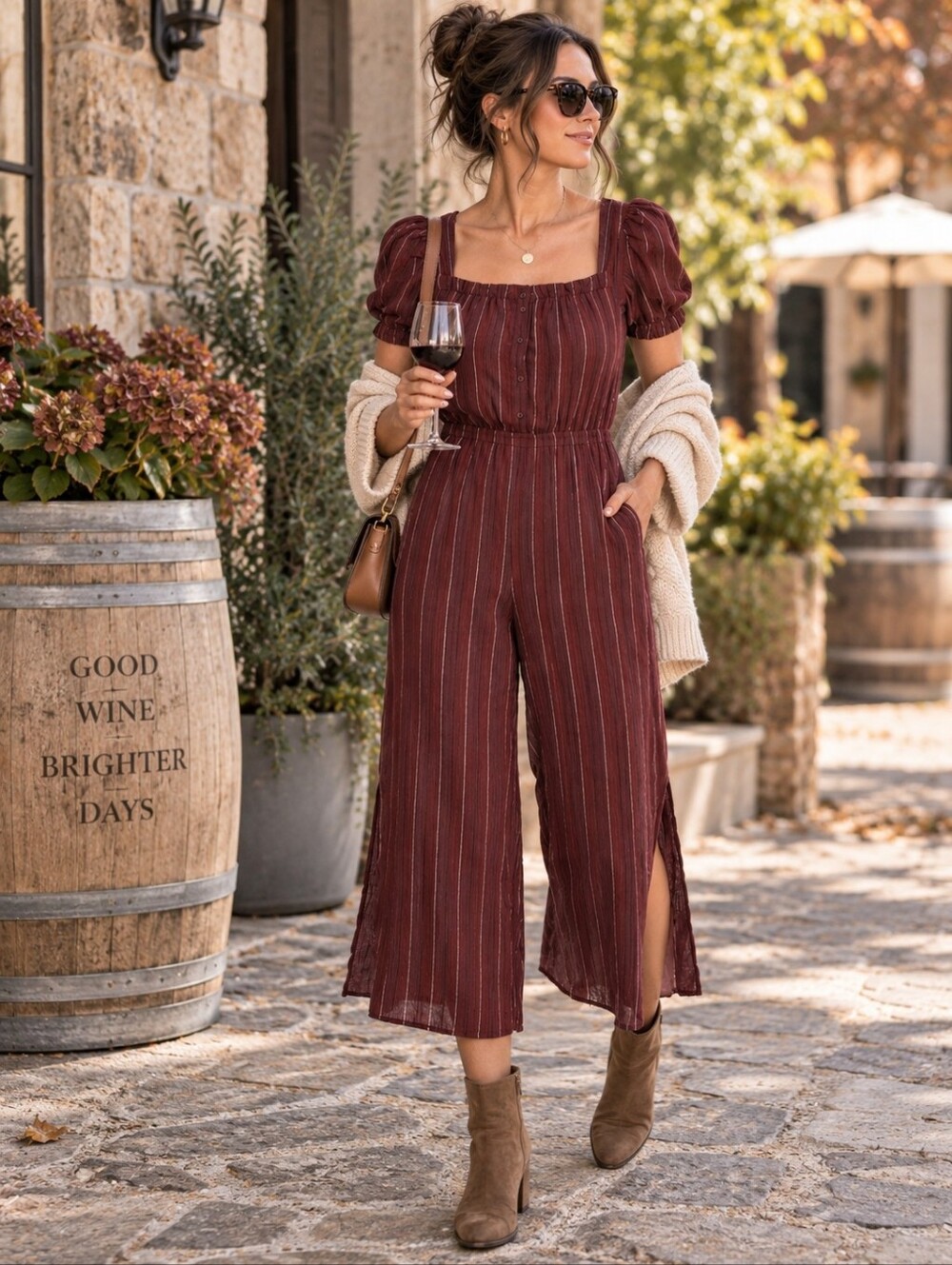 DRA Los Angeles Burgundy Striped Wide Leg Romper Jumpsuit M